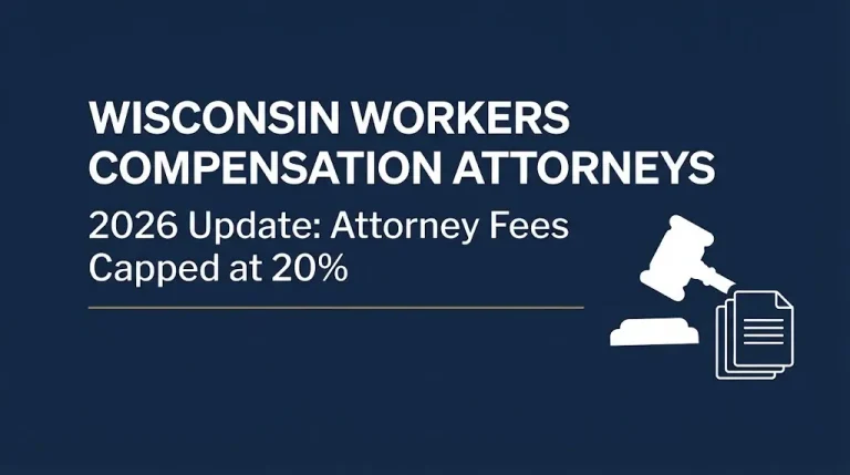Editorial banner on Wisconsin workers compensation attorneys showing the 2026 statutory 20% attorney fee cap.
