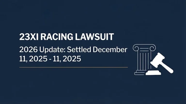 Editorial banner on the 23XI Racing lawsuit showing its December 2025 settlement with NASCAR.