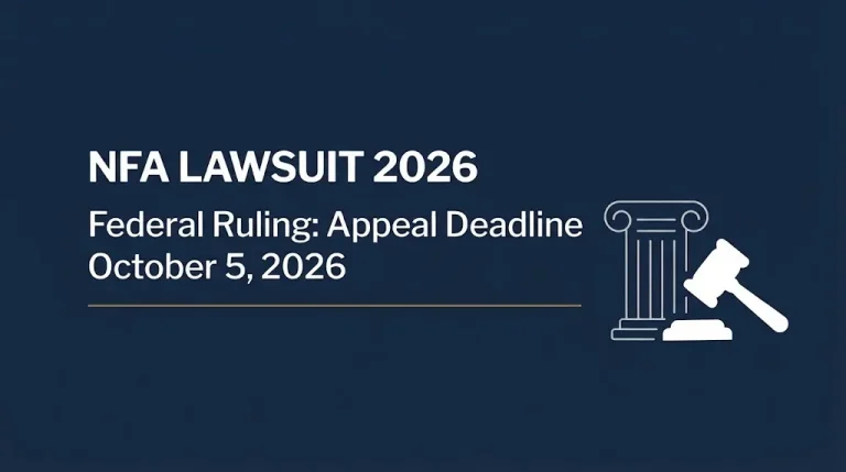 Editorial banner on the NFA lawsuit showing the federal court ruling and the October 5, 2026 appeal deadline.