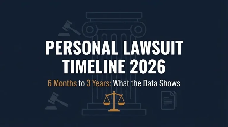 Editorial banner showing personal lawsuit timeline 2026 with gavel and scales infographic icons on navy background.
