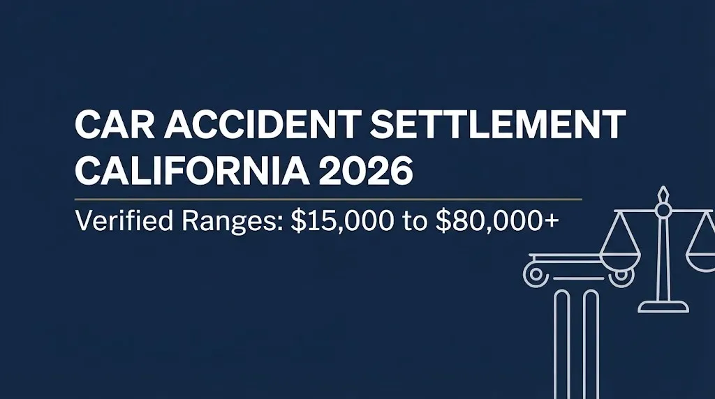 Editorial banner showing verified 2026 California car accident settlement ranges of $15,000 to $80,000 or more.
