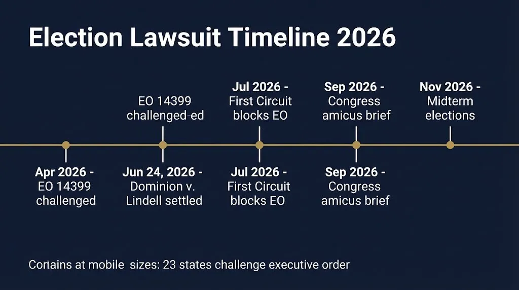 Election lawsuit 2026 timeline showing key court dates and midterm elections.