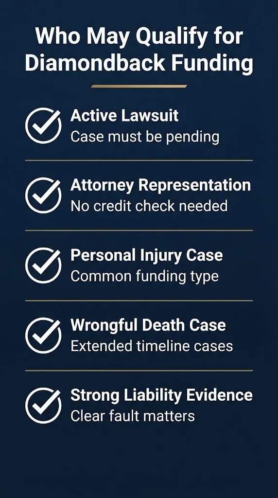 Eligibility checklist for Diamondback Funding lawsuit loans including active lawsuit and attorney representation.