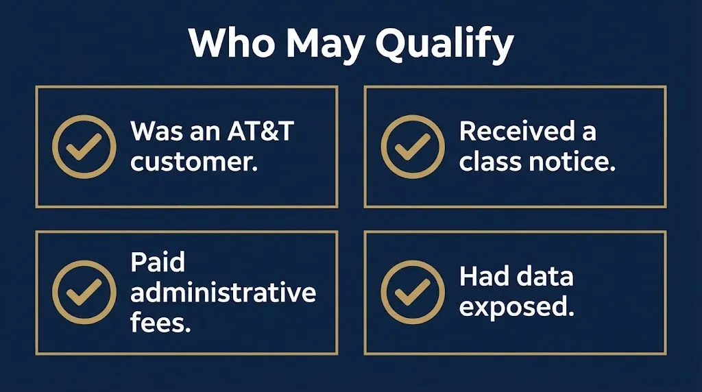 Eligibility checklist graphic showing four criteria for AT&T settlement qualification.