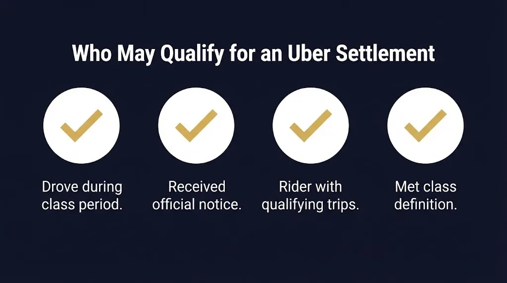 Eligibility checklist infographic showing four criteria for qualifying for an Uber class action settlement.