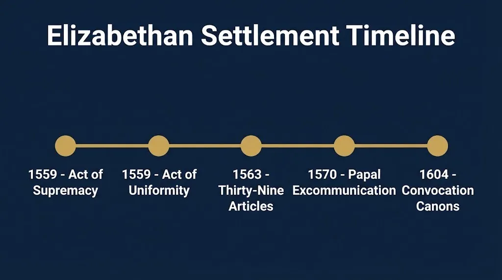 Elizabethan Settlement timeline from 1559 Act of Supremacy to 1604 convocation canons