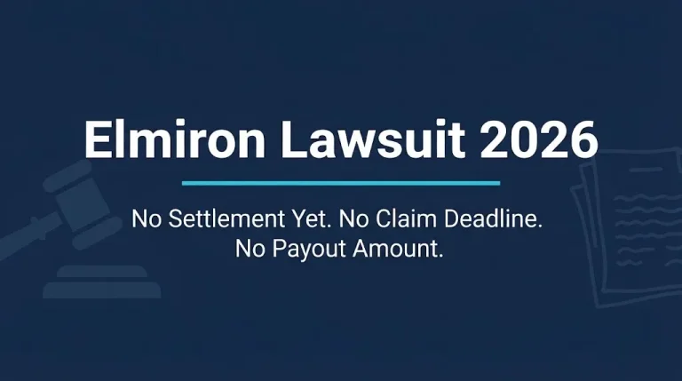 Elmiron lawsuit 2026 status banner showing no settlement yet and no claim deadline established.