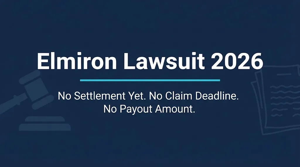 Elmiron lawsuit 2026 status banner showing no settlement yet and no claim deadline established.