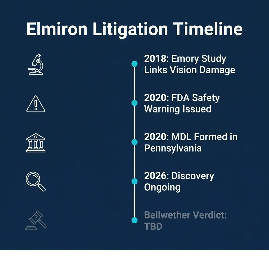 Elmiron lawsuit key dates timeline from 2018 Emory study through 2026 ongoing discovery with bellwether verdict pending.