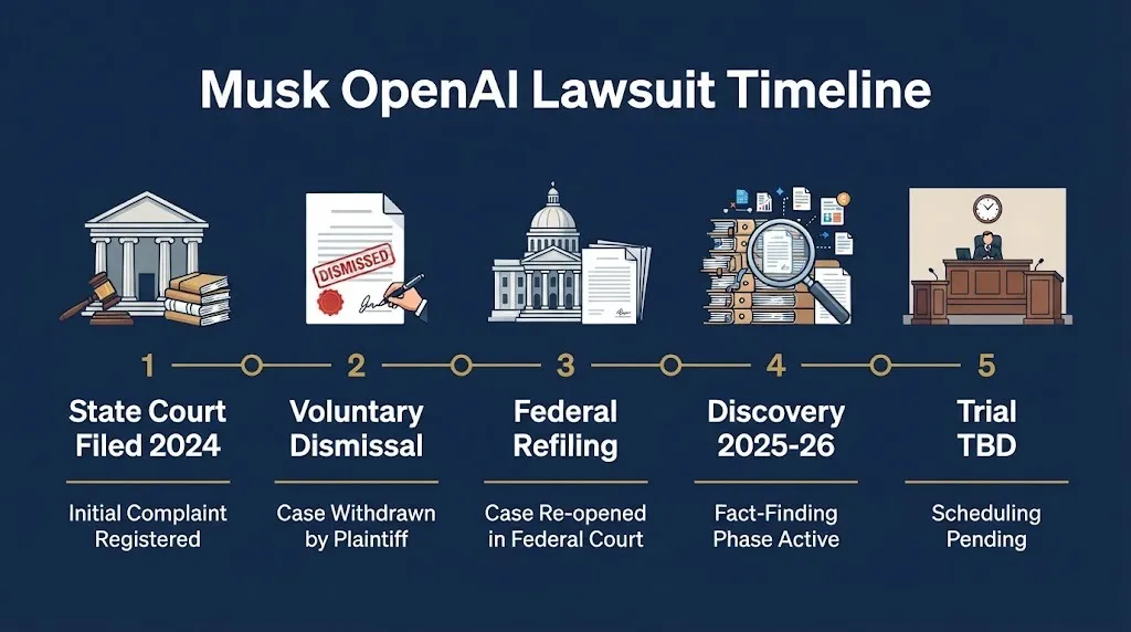 Elon Musk OpenAI lawsuit timeline from state filing through federal refiling, discovery, and pending trial.