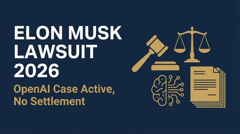 Elon Musk lawsuit 2026 headline with gavel and digital brain icon showing OpenAI case active with no settlement.
