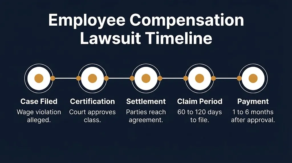 Employee compensation lawsuit timeline showing filing, certification, settlement, claim period, and payment stages.