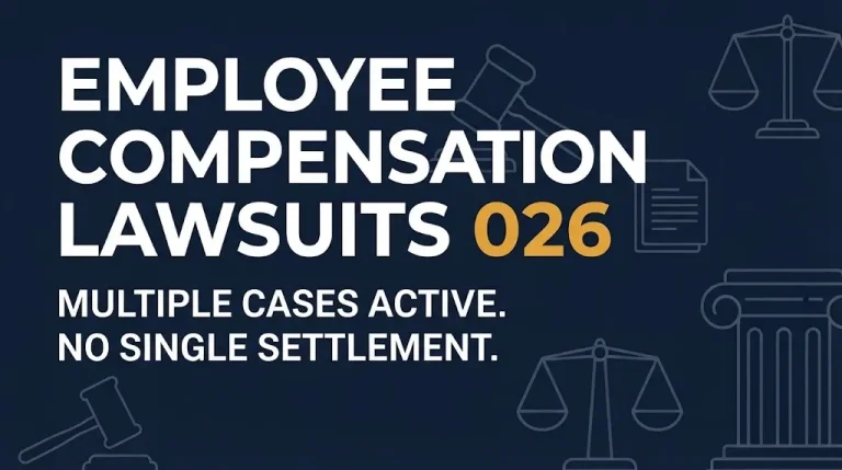 Employee compensation lawsuits 2026 status banner showing multiple cases active and no single settlement.