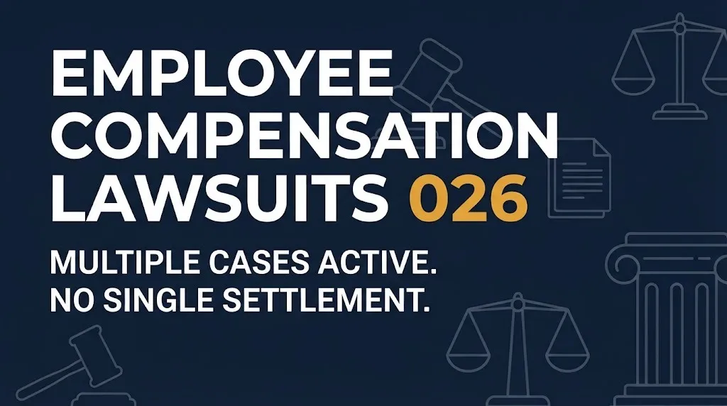 Employee compensation lawsuits 2026 status banner showing multiple cases active and no single settlement.