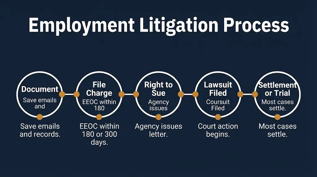 Employment litigation process timeline showing documentation, charge filing, lawsuit, and resolution.