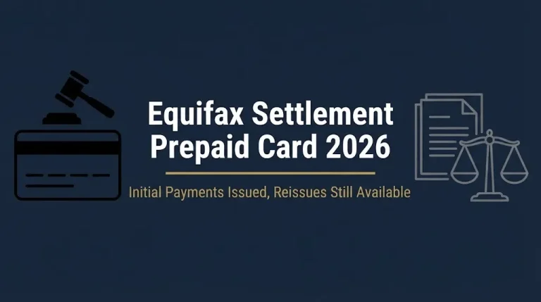 Equifax Settlement Prepaid Card 2026 banner showing card outline, gavel, and status line about reissues.