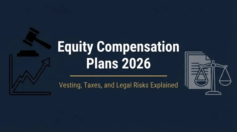 Equity Compensation Plans 2026 banner showing stock chart, gavel, and status line about vesting and tax rules.
