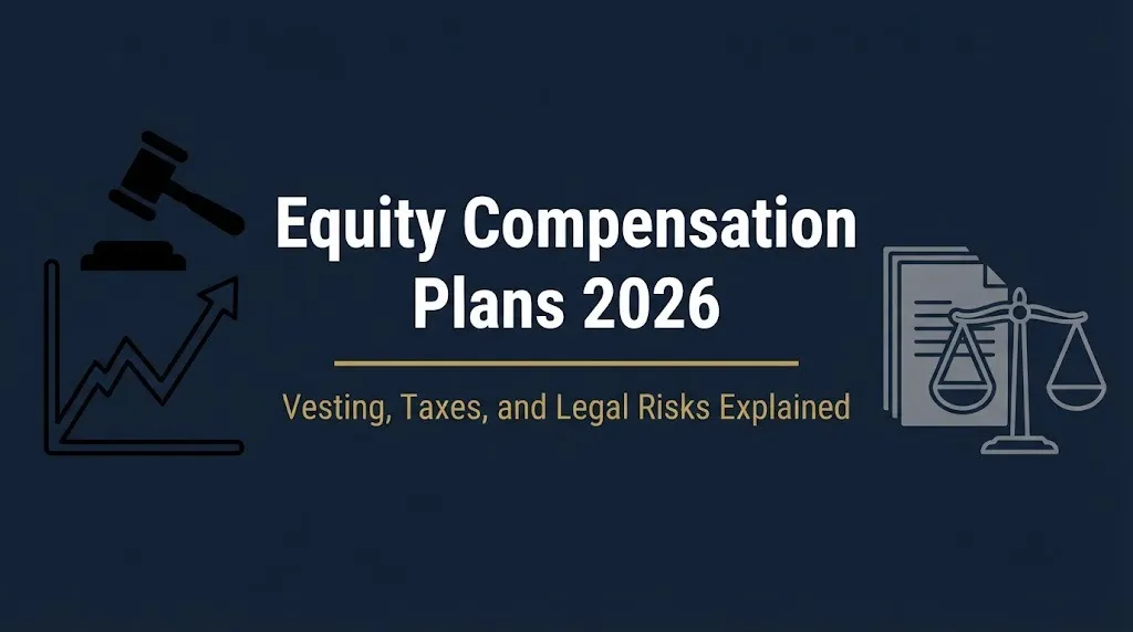 Equity Compensation Plans 2026 banner showing stock chart, gavel, and status line about vesting and tax rules.