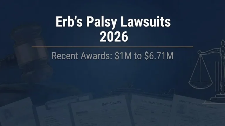 Erb's palsy lawsuits 2026 banner showing recent awards range from $1 million to $6.71 million.