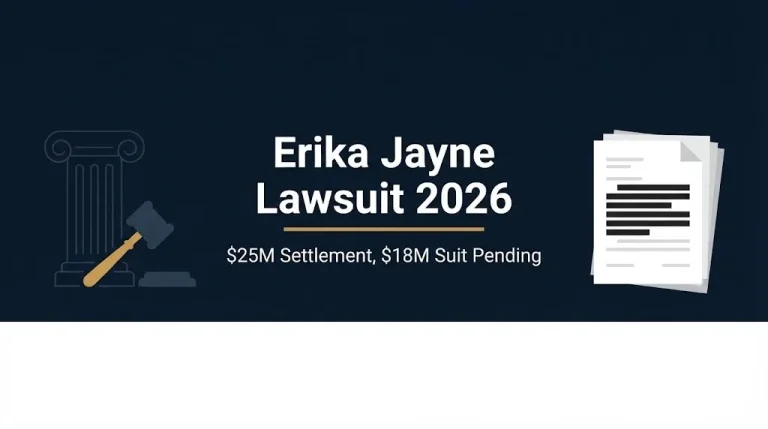 Erika Jayne lawsuit 2026 banner with $25M settlement and $18M suit pending.