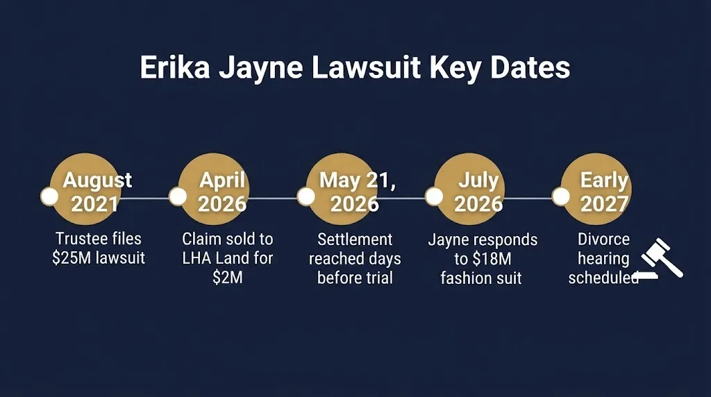 Erika Jayne lawsuit timeline from 2021 filing to 2026 settlement and 2027 divorce hearing.