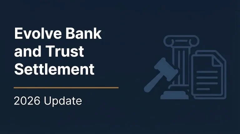 Evolve Bank and Trust Settlement 2026 Update banner with gavel and bank building illustration on navy background