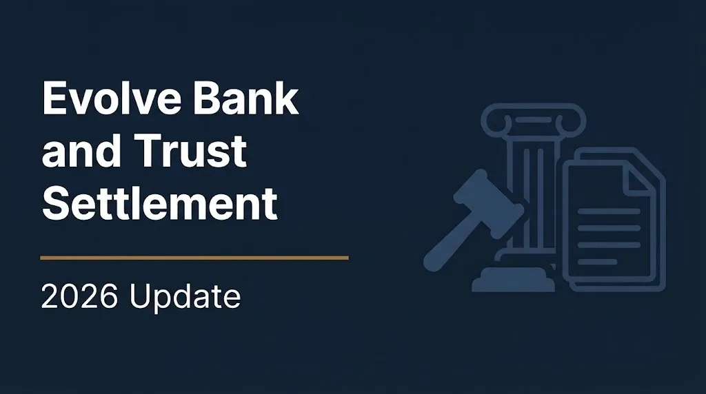 Evolve Bank and Trust Settlement 2026 Update banner with gavel and bank building illustration on navy background