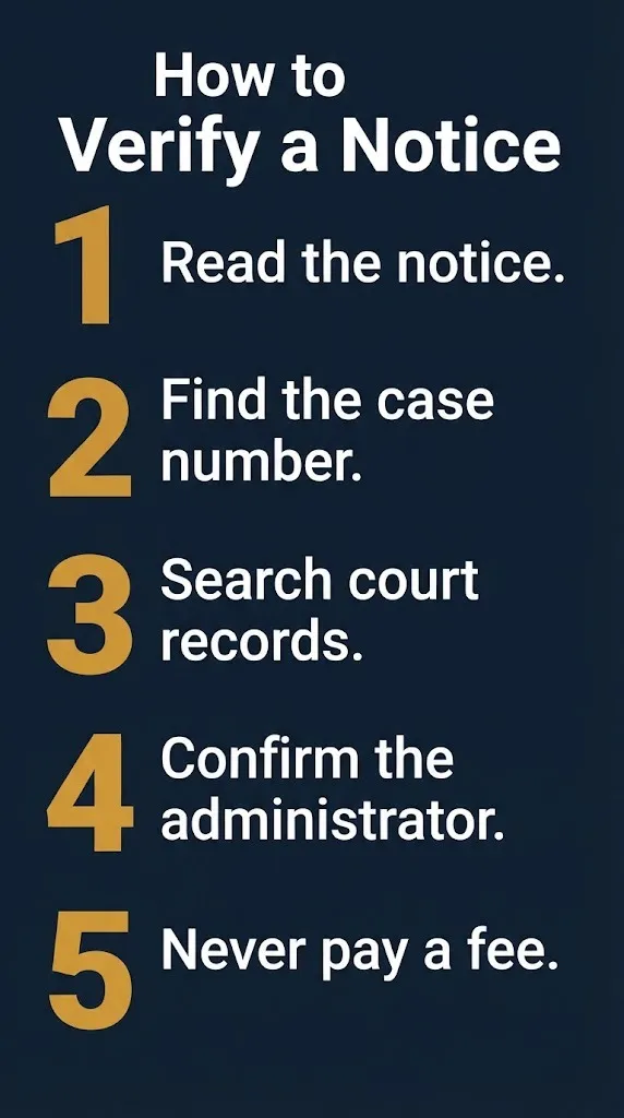 Evolve Bank settlement notice verification steps with five actions on navy infographic