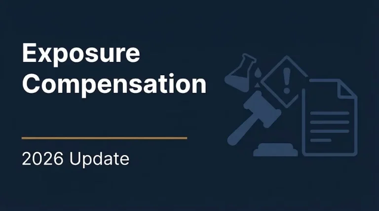 Exposure Compensation 2026 Update banner with gavel and chemical warning symbol on navy background
