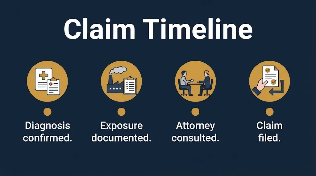 Exposure compensation claim timeline showing diagnosis, documentation, attorney review, and filing steps