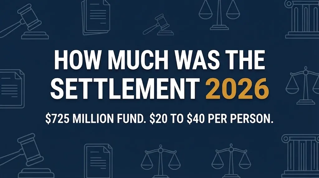 Facebook settlement 2026 guide showing 725 million dollar fund and 20 to 40 dollar per person payout.