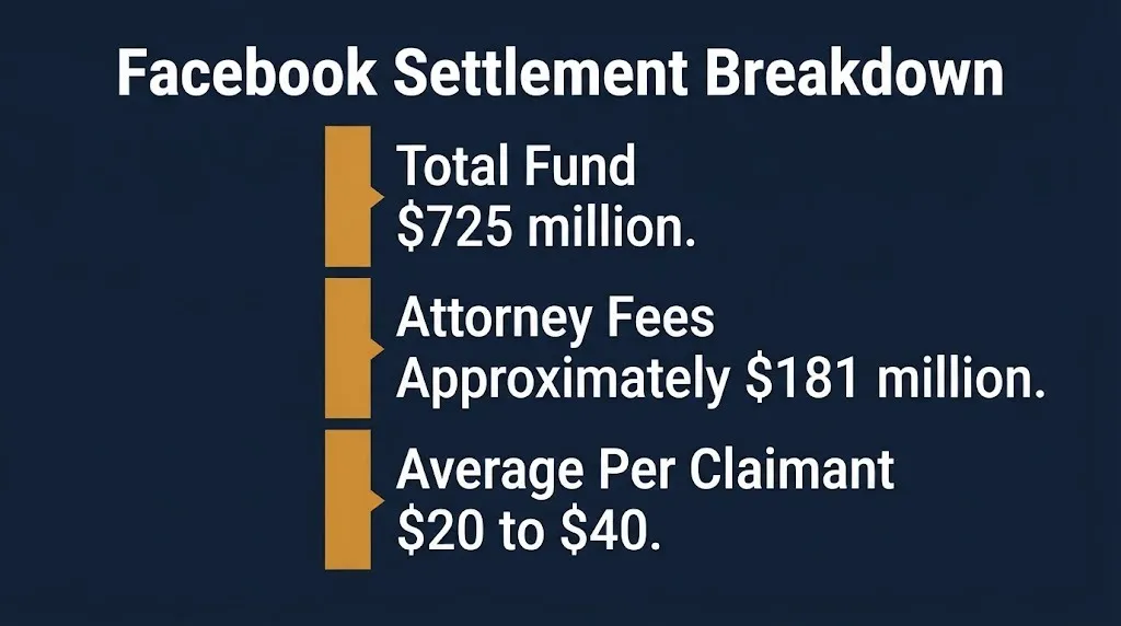 Facebook settlement breakdown showing total fund, attorney fees, and average per claimant payout.