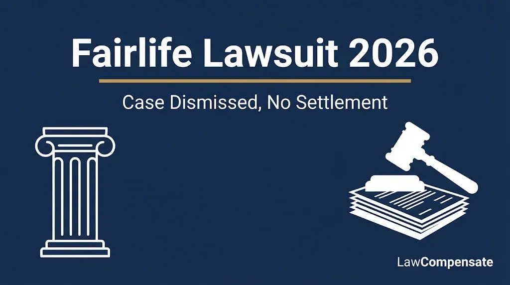 Fairlife lawsuit 2026 banner showing case dismissed with no settlement and legal icons.