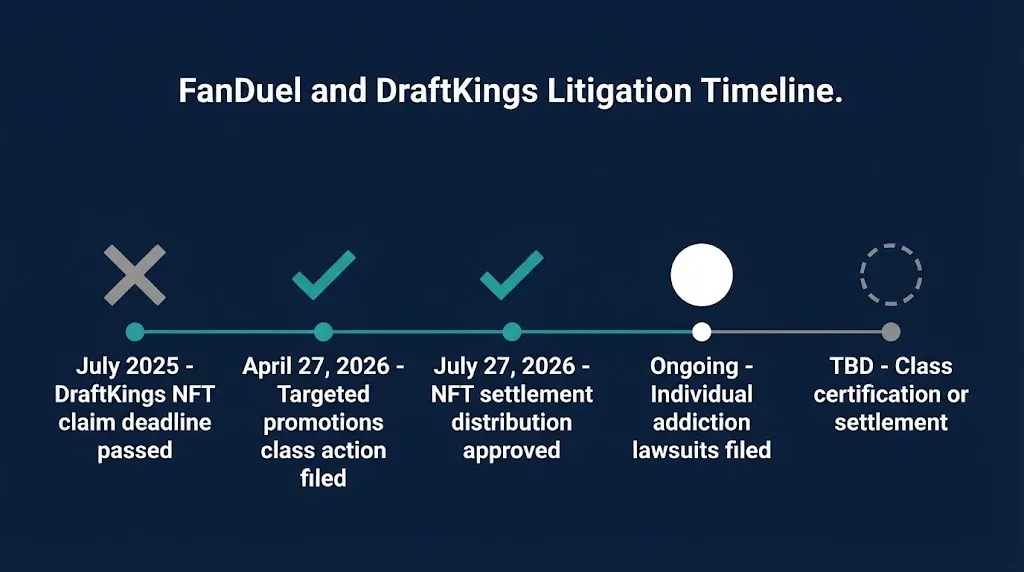FanDuel and DraftKings litigation timeline from NFT settlement through 2026 class action filing.