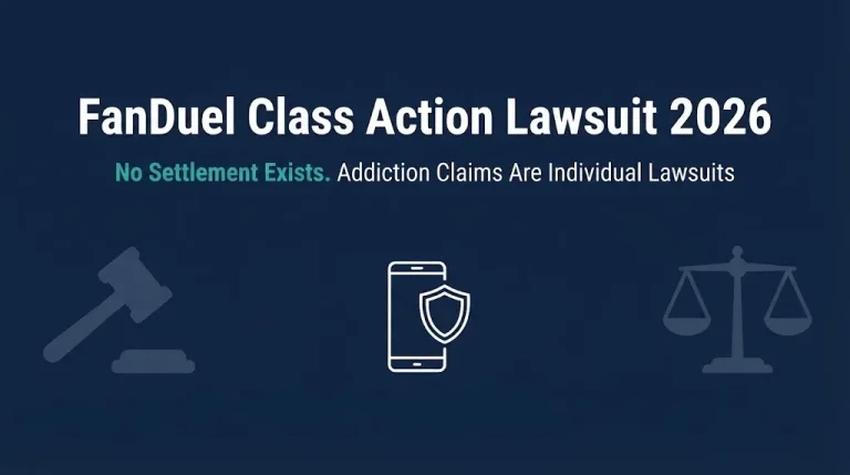 FanDuel class action lawsuit 2026 hero banner with gavel and smartphone graphics.