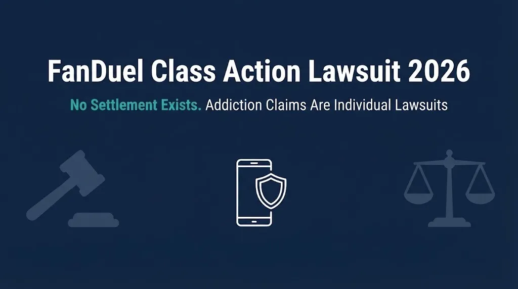 FanDuel class action lawsuit 2026 hero banner with gavel and smartphone graphics.