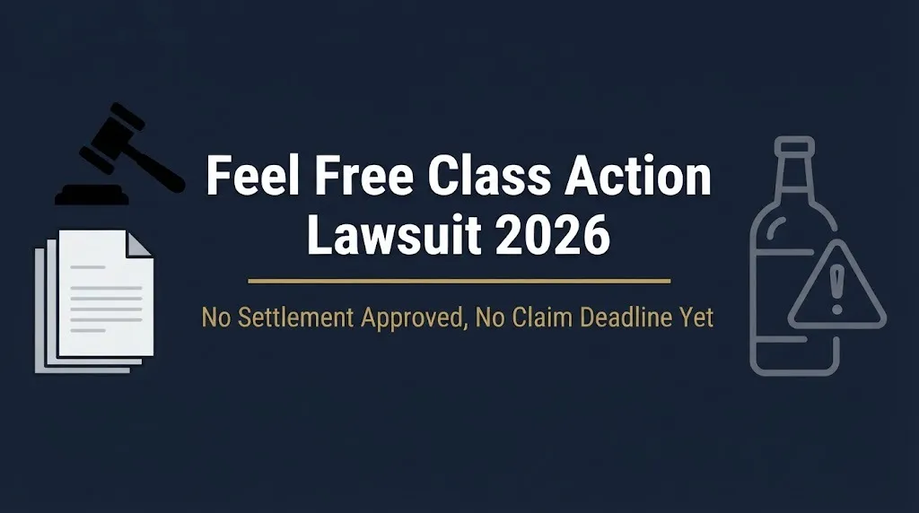 Feel Free Class Action Lawsuit 2026 banner showing legal documents, gavel, and status line about no settlement or claim deadline.