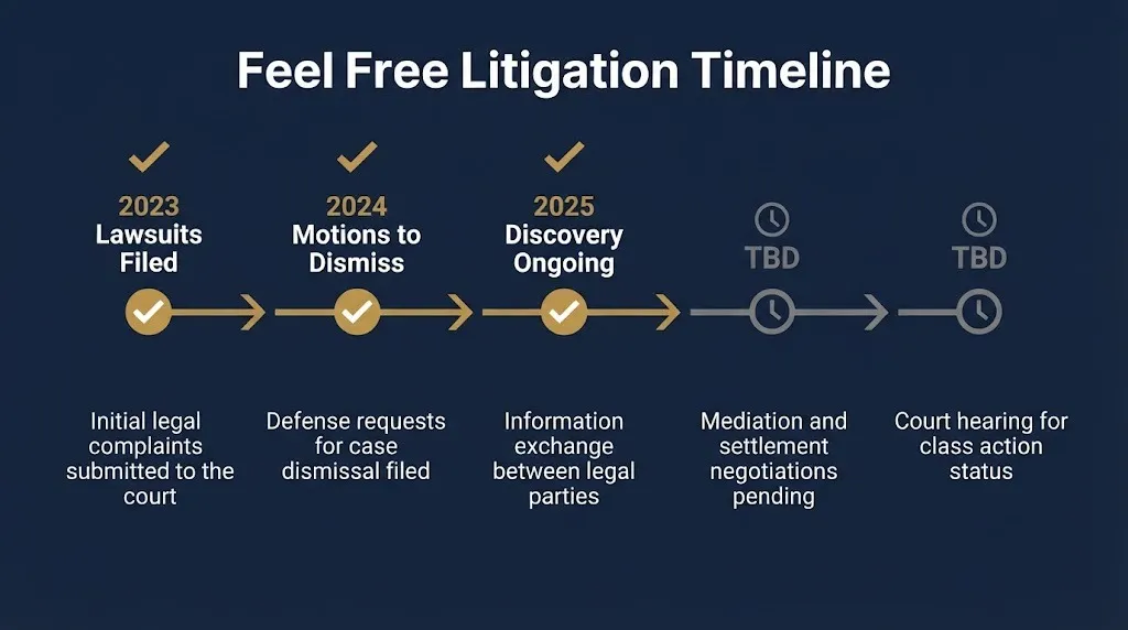 Feel Free litigation timeline showing lawsuit stages from filing through potential class certification.