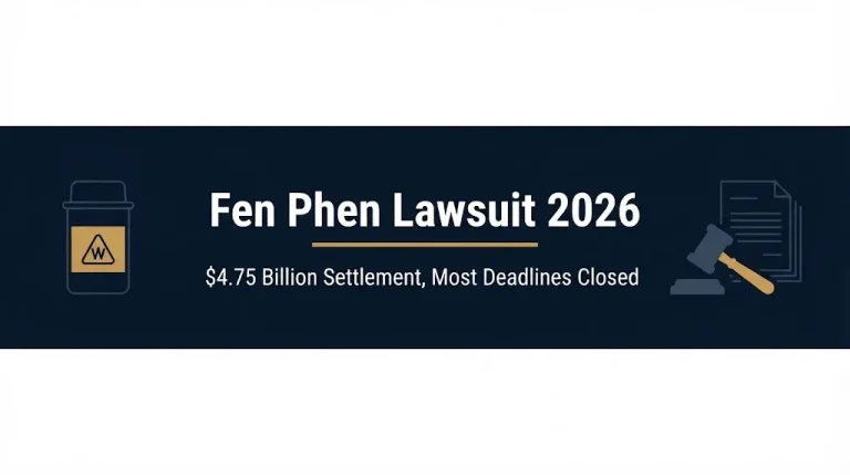 Fen Phen lawsuit 2026 banner with $4.75 billion settlement and closed deadline status.