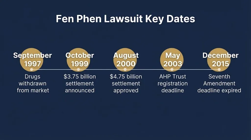 Fen Phen lawsuit timeline from 1997 market withdrawal to 2015 Seventh Amendment deadline.