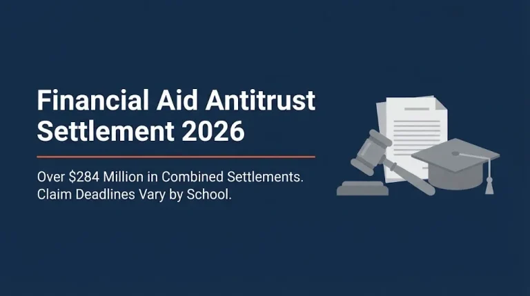 Financial Aid Antitrust Settlement 2026 news banner showing $284 million fund and deadline notice.