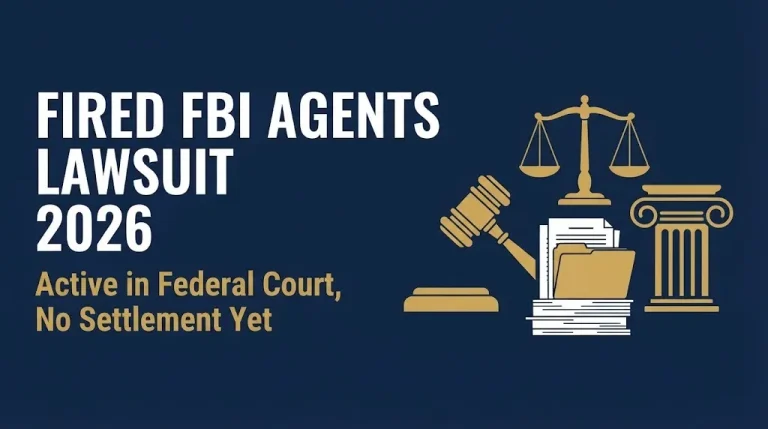 Fired FBI agents lawsuit 2026 headline with gavel and case file showing active federal court status and no settlement.