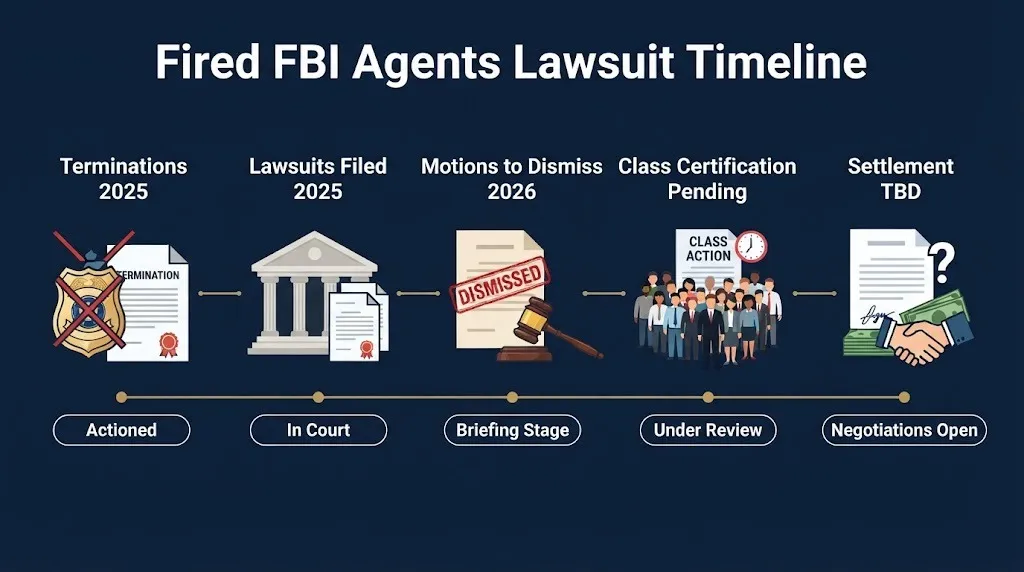 Fired FBI agents lawsuit timeline showing terminations, filings, dismissal motions, class certification, and settlement status.
