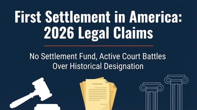First Settlement in America 2026 legal claims banner showing no settlement fund exists and court battles continue.