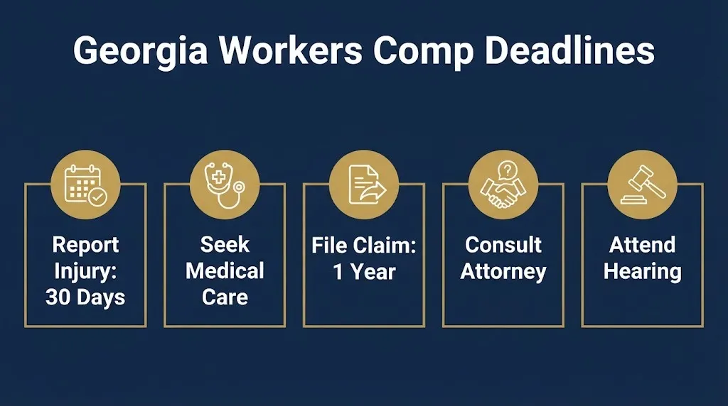 Five step graphic showing Georgia workers compensation deadlines and filing process.
