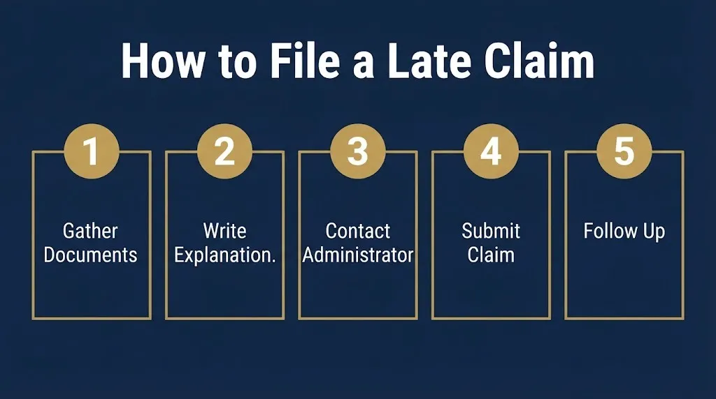 Five step graphic showing how to file a late East Palestine derailment settlement claim.