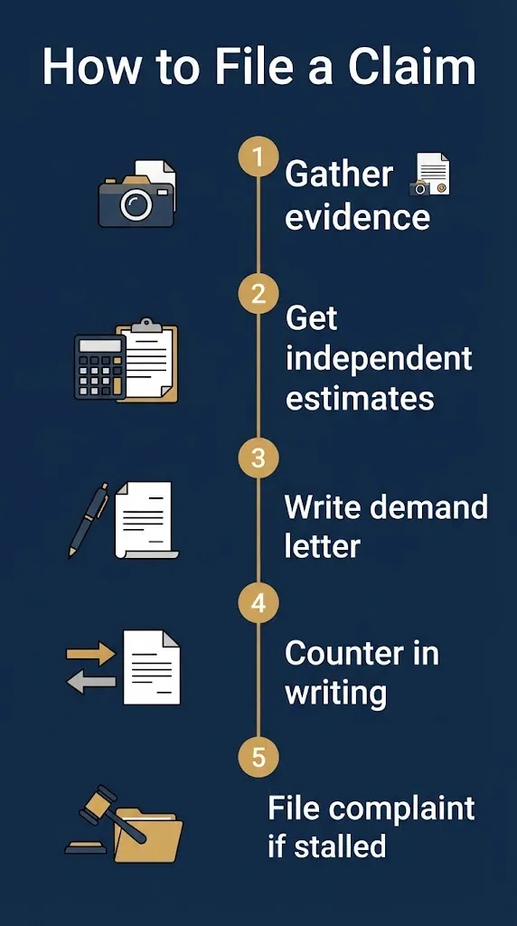 Five step guide showing how to file an insurance claim negotiation with evidence, estimates, and written counteroffers.