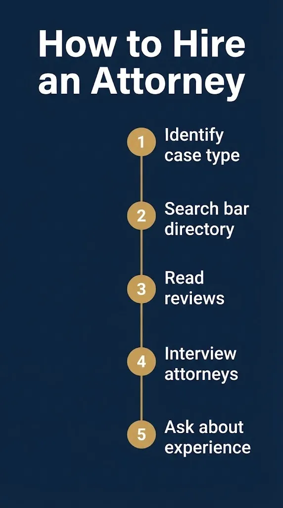 Five step guide showing how to find and hire a lawsuit attorney.