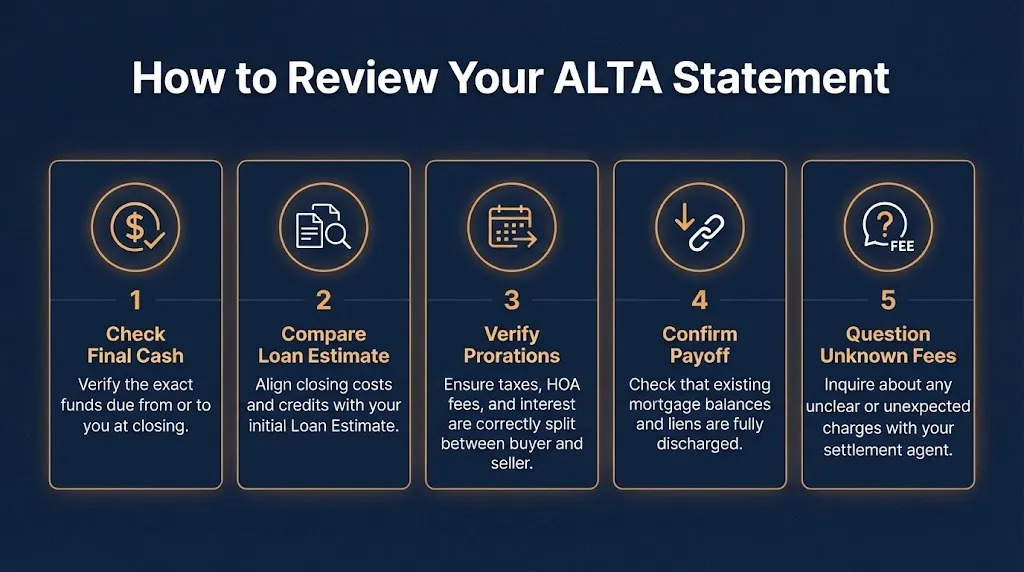 Five steps to review an ALTA settlement statement from checking cash to questioning fees.