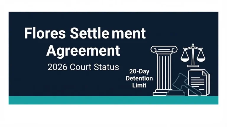 Flores Settlement Agreement 2026 banner with 20-day detention limit and gavel icon.